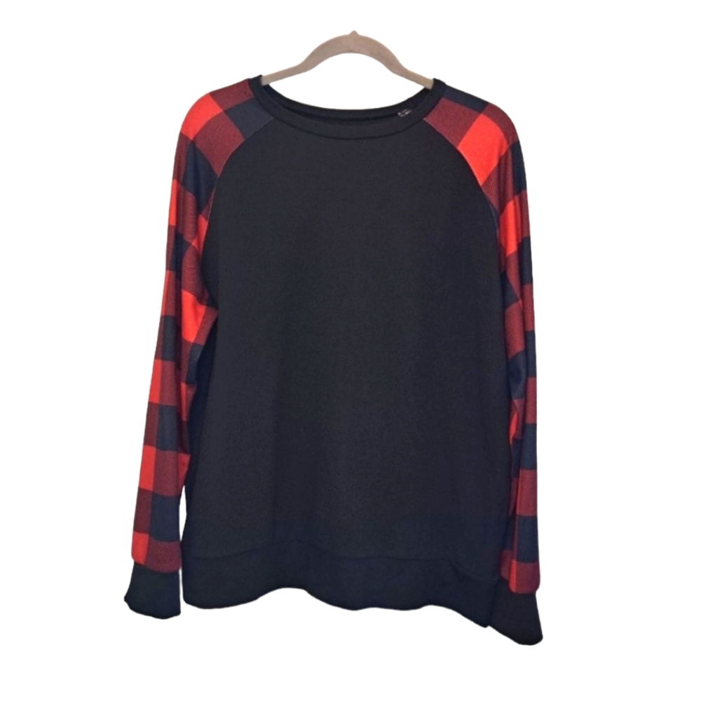 Black Long Sleeved Tee with Red Buffalo Check Sleeves Plaid Size XL